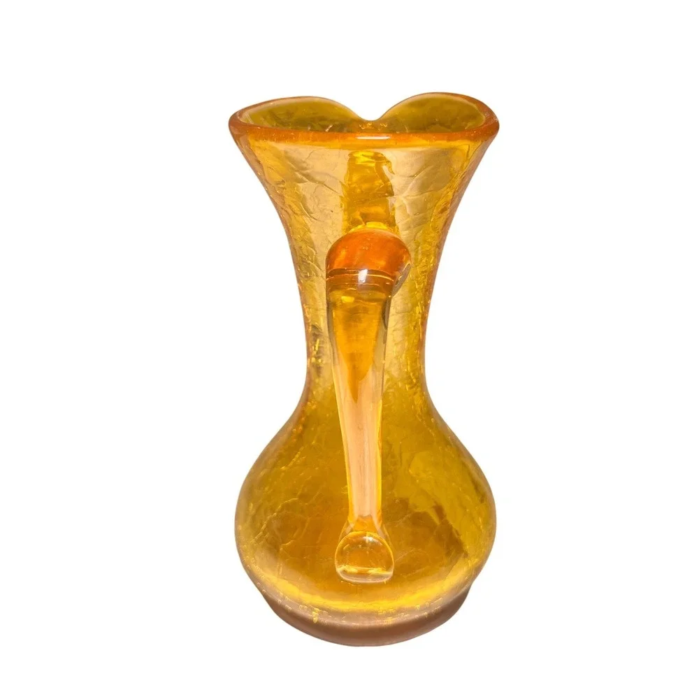 Vintage Amber Crackle Glass Pitcher Small Hand Blown‎ Decorative Vase Gold 5.5
